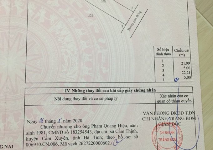 CHÍNH CHỦ CẦN BÁN LÔ ĐẤT DT 100M2 - HỐ NAI 3 - TRẢNG BOM - ĐỒNG NAI. LHCC: 0967017026 Đăng ngày: 08:55 - 17/09/2020 - Số lượt xem: 62