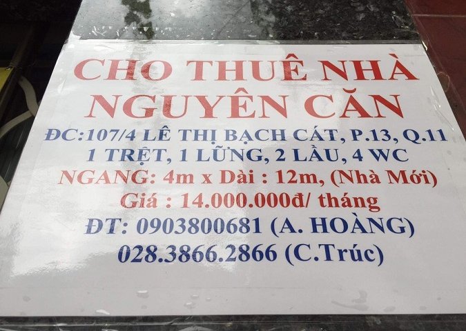 Chính chủ cho thuê nhà nguyên căn tại Q11. Q Tân Phú & Q Tân Bình.Tp HCM