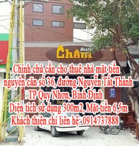 Chính chủ cần cho thuê nhà mặt tiền nguyên căn số 36, đường Nguyễn Tất Thành, tp Quy Nhơn, Bình Định