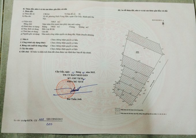 CẦN CHUYỂN NHƯỢNG LÔ ĐẤT SỔ ĐỎ MẶT PHỐ DỊCH VỌNG HẬU - ĐỒNG BÔNG, QUẬN CẦU GIẤY -HÀ NỘI