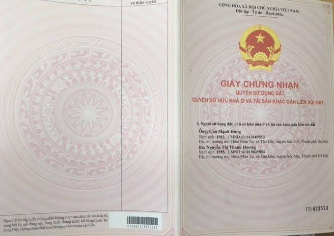 CHÍNH CHỦ CẦN BÁN LÔ ĐẤT 2 MẶT ĐƯỜNG KHU ĐÔ THỊ CHI ĐÔNG, HUYỆN MÊ LINH,TP. HÀ NỘI