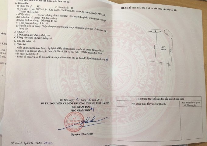 CHÍNH CHỦ CẦN BÁN LÔ ĐẤT 2 MẶT ĐƯỜNG KHU ĐÔ THỊ CHI ĐÔNG, HUYỆN MÊ LINH,TP. HÀ NỘI