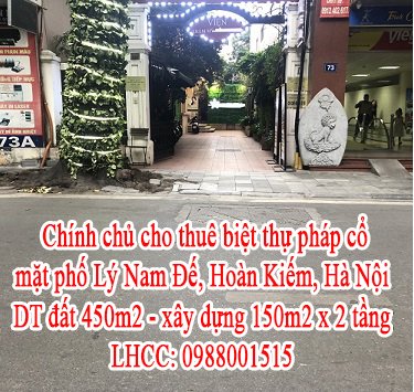 Chính chủ cho thuê biệt thự pháp cổ mặt phố Lý Nam Đế, Hoàn Kiếm, Hà Nội.