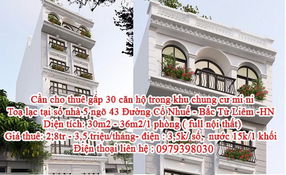 Cần cho thuê gấp 30 căn hộ trong khu chung cư mi ni Toạ lạc tại nhà số 5 ngõ 43 Đường Cổ Nhuế - Bắc Từ Liêm -HN