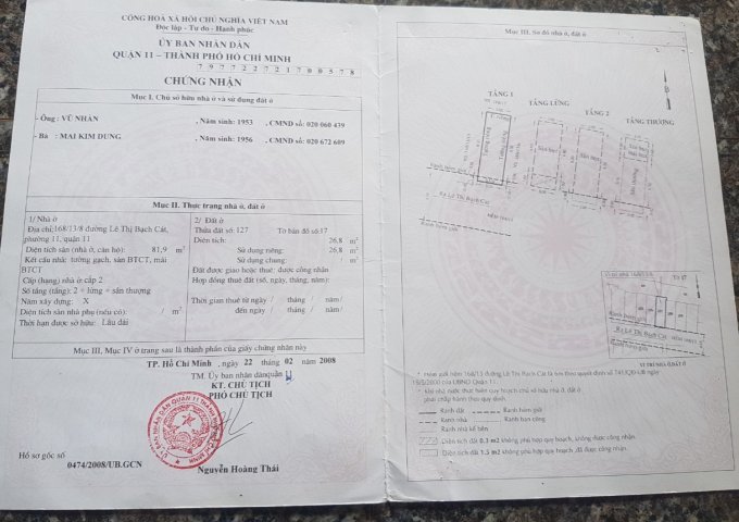 CHÍNH CHỦ CẦN BÁN NHÀ 168/13/8 ĐƯỜNG LÊ THỊ BẠCH CÁT, P11, Q11, HCM