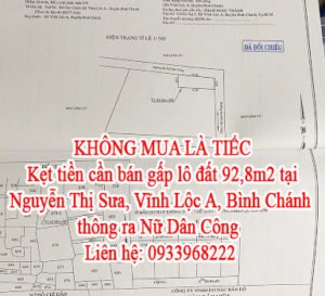 Kẹt tiền cần bán gấp lô đất tại Nguyễn Thị Sưa - Vĩnh Lộc A – huyện Bình Chánh thông ra Nữ Dân Công