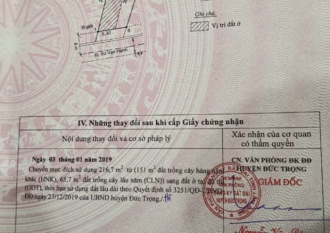 CẦN BÁN GẤP ĐẤT MẶT TIỀN ĐƯỜNG SƯ VẠN HẠNH .THỊ TRẤN LIÊN NGHĨA . HUYỆN ĐỨC TRỌNG .TỈNH LÂM ĐỒNG