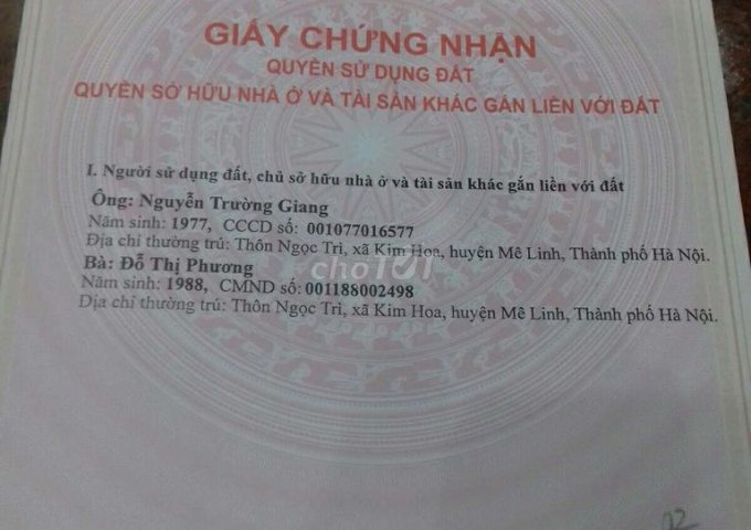 CHÍNH CHỦ CẦN BÁN ĐẤT THỔ CƯ THÔN BẠCH ĐA, XÃ KIM HOA, HUYỆN MÊ LINH, HÀ NỘI