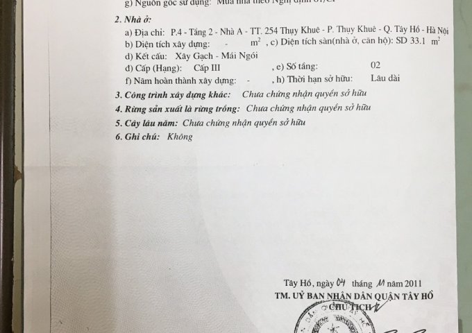 Cần bát bán nhà tập thể 254 thụy Khuê phường thụy Khuê Tây Hồ Hà Nội