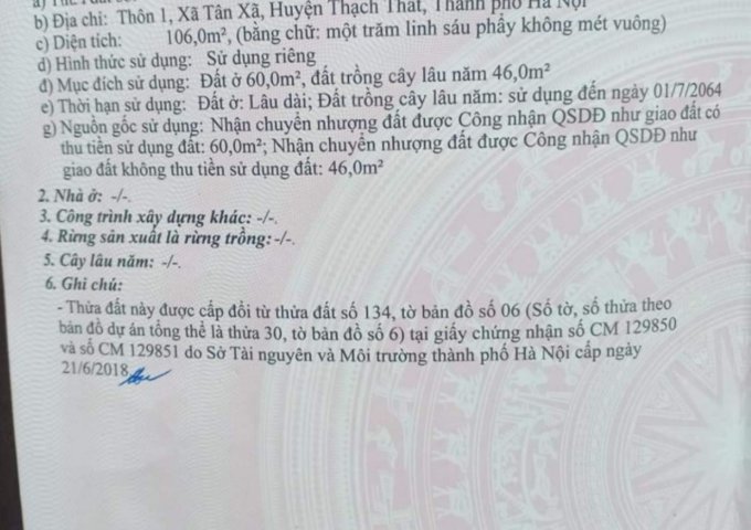 CHÍNH CHỦ CẦN BÁN LÔ ĐẤT VỊ TRÍ ĐẸP XÃ TÂN XÃ, THẠCH THẤT-HÀ NỘI