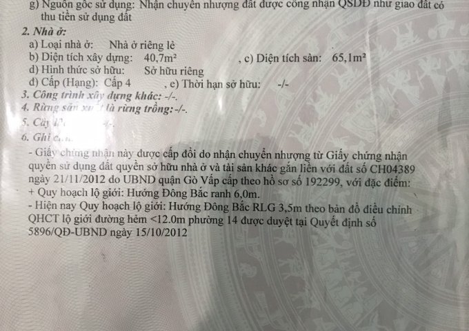 Bán nhà Phạm Văn Chiêu, P.14 1 trệt 1 lầu 2pn Sổ Hồng Riêng