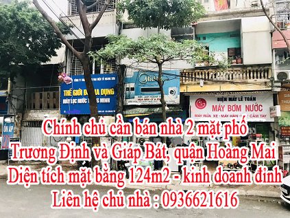Chính chủ cần bán nhà 2 mặt phố Trương Định và Giáp Bát, quận Hoàng Mai.