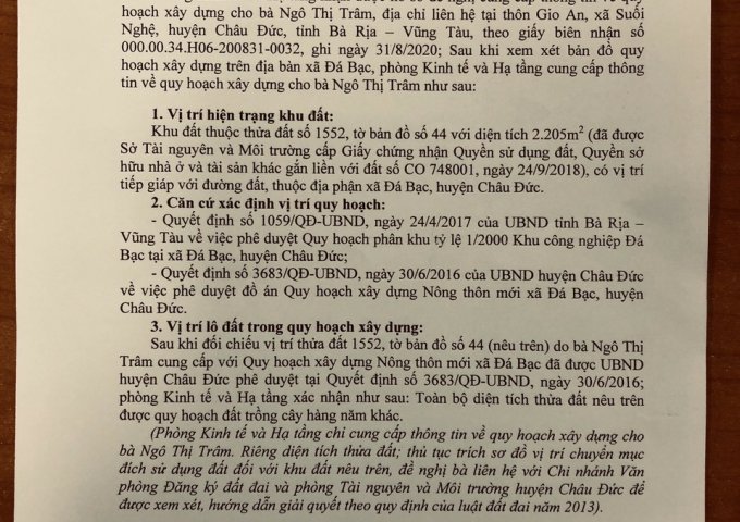 CẦN BÁN LÔ ĐẤT ĐẸP TẠI XÃ ĐÁ BẠC - HUYỆN CHÂU ĐỨC - TỈNH BÀ RỊA VŨNG TÀU .