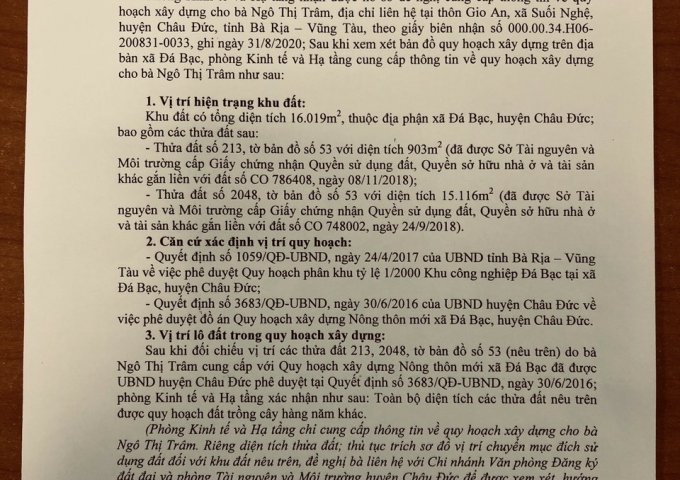 CẦN BÁN LÔ ĐẤT ĐẸP TẠI XÃ ĐÁ BẠC - HUYỆN CHÂU ĐỨC - TỈNH BÀ RỊA VŨNG TÀU .