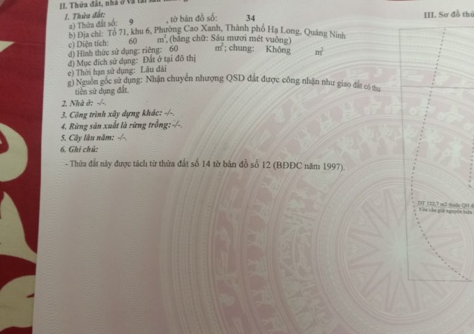 Bán đất tổ 71, khu 6 , phường Cao Xanh, TP Hạ Long, Quảng Ninh