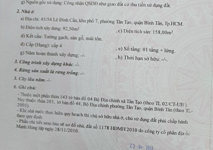 BÁN NHÀ CHÍNH CHỦ, HXH 45 LÊ ĐÌNH CẨN, KP7, P.TÂN TẠO, Q. BÌNH TÂN