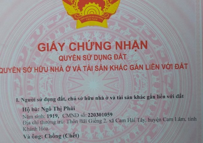 Chính chủ cần bán lô đất - Xã Cam Hải Tây - Huyện Cam Lâm - Khánh Hòa