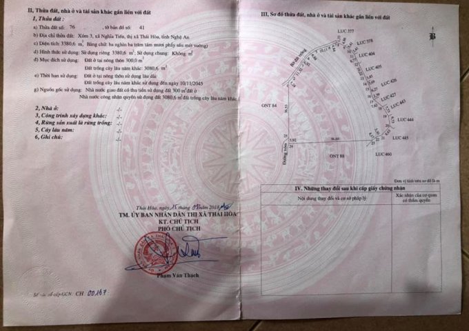 Chính chủ bán đất  Xã Nghĩa Tiến - TX Thái Hoà - Nghệ An.