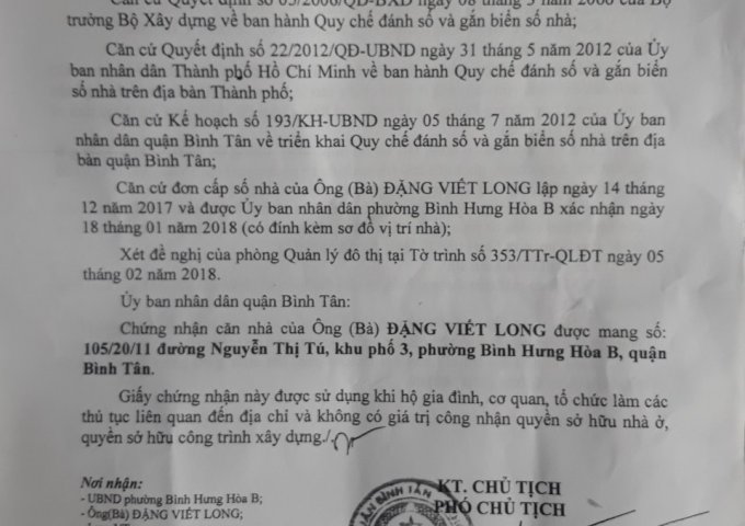 CẦN BÁN NHÀ HẺM 105 NGUYỄN THỊ TÚ, BÌNH HƯNG HÒA B, BÌNH TÂN, TP HCM.