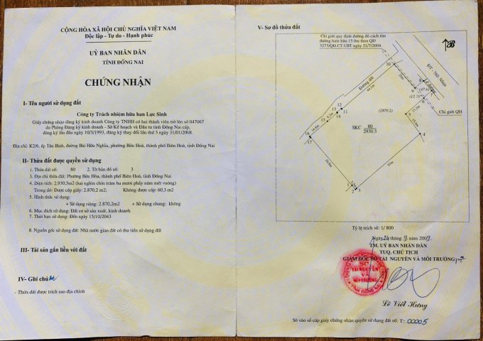 CHÍNH CHỦ  BÁN  2930 M2 ĐẤT TẠI  K2/6,ẤP TÂN BÌNH , ĐƯỜNG BÙI HỮU NGHĨA, BIÊN HÒA, ĐỒNG NAI.