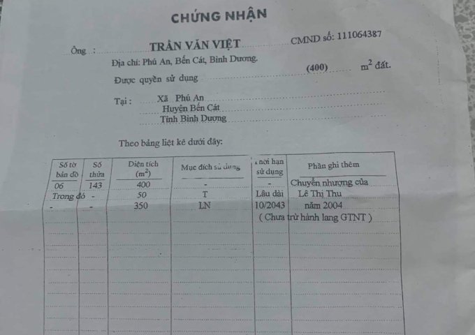 GIA ĐÌNH TÔI CẦN BÁN MẢNH ĐẤT CHÍNH CHỦ PHÚ AN, TX BẾN CÁT.BÌNH DƯƠNG (400M2) CÓ NHÀ NHÀ 1 LẦU 1 TRỆT 3 PHÒNG NGỦ, 2 WC, 1 PHÒNG KHÁCH, BẾP.