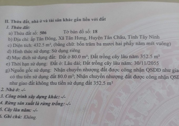 Chính chủ cần bán gấp đất vị trí đẹp ấp tân đông xã Tân hưng, huyện Tân Châu , Tây Ninh