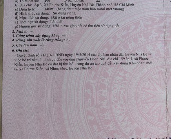 BÁN NHANH LÔ ĐẤT DT 140M2 - ẤP 3, PHƯỚC KIỂN, NHÀ BÈ. LH: 0795382270​