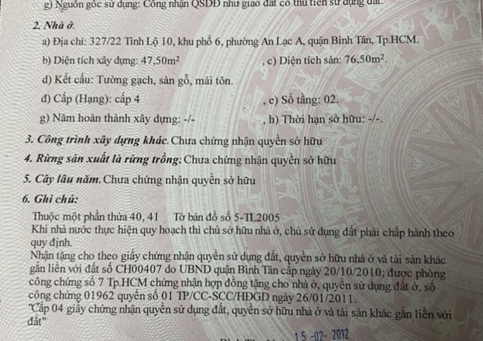 CẦN BÁN NHÀ ĐƯỜNG TỈNH LỘ 10, KHU PHỐ 6, PHƯỜNG AN LẠC, QUẬN BÌNH TÂN, TP HỒ CHÍ MINH