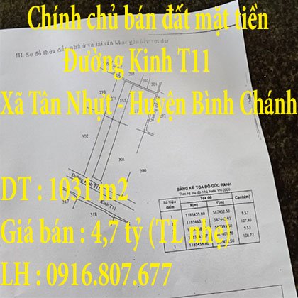 Chính chủ bán đất mặt tiền Đường Kinh T11, Xã Tân Nhựt, Huyện Bình Chánh,TPHCM