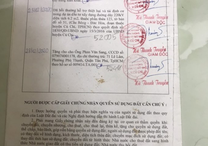 BÁN ĐẤT1/ ĐƯỜNG MỸ KHÁNH CÂY TRÔM - THÁI MỸ, CỦ CHI. LHCC: 0908744139