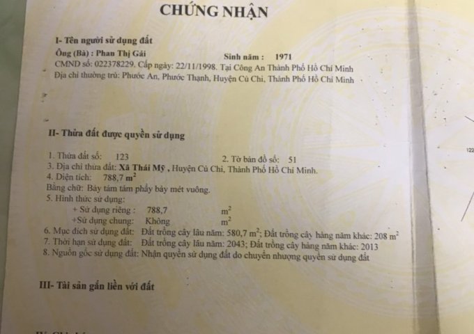 BÁN ĐẤT1/ ĐƯỜNG MỸ KHÁNH CÂY TRÔM - THÁI MỸ, CỦ CHI. LHCC: 0908744139