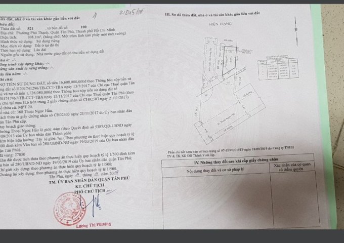 Chính chủ cần bán đất mặt tiền tại Đường Thoại Ngọc Hầu – Quận Tân Phú