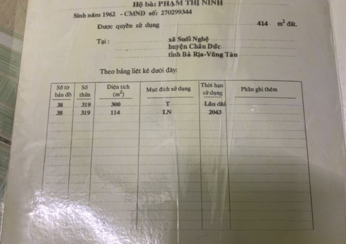 CẦN BÁN GẤP LÔ ĐẤT TẠI SỐ NHÀ 287 TỔ 12 - THÔN ĐỨC MỸ - XÃ SUỐI NGHỆ - HUYỆN CHÂU ĐỨC - TỈNH BÀ RỊA VŨNG TÀU