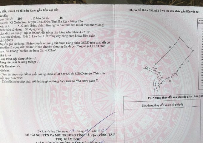 CẦN BÁN GẤP LÔ ĐẤT TẠI XÃ XUÂN SƠN - HUYỆN CHÂU ĐỨC - TỈNH BÀ RỊA - VŨNG TÀU