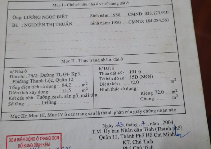 CHÍNH CHỦ CẦN BÁN NHÀ PHƯỜNG THẠNH LỘC ,QUẬN 12 ,TP HCM