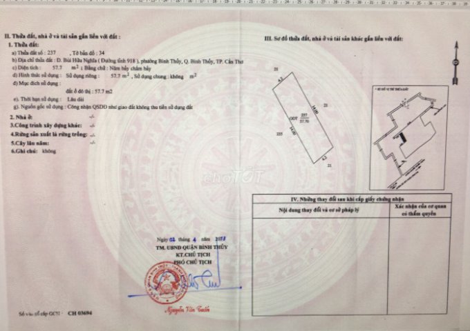 CHÍNH CHỦ BÁN NHÀ 1 TRỆT 1 LẦU, MÓNG BĂNG, QUẬN BÌNH THUỶ 57.7M².HOTLINE:0988876550