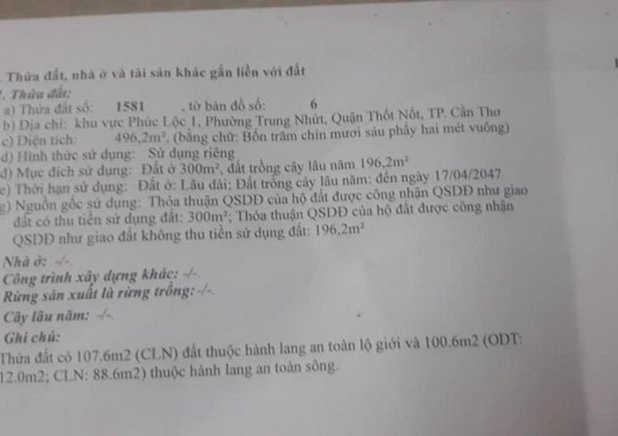 CHÍNH CHỦ CẦN BÁN DIỆN TÍCH ĐẤT 968M2 VÀ KHO TẠI - PHƯỜNG TRUNG NHỨT - QUẬN THỐT NỐT - CẦN THƠ