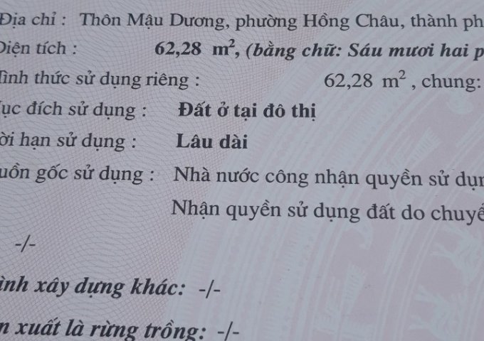 CHÍNH CHỦ CẦN BÁN NHÀ VÀ ĐẤT Ở PHƯỜNG HỒNG CHÂU, THÀNH PHỐ HƯNG YÊN