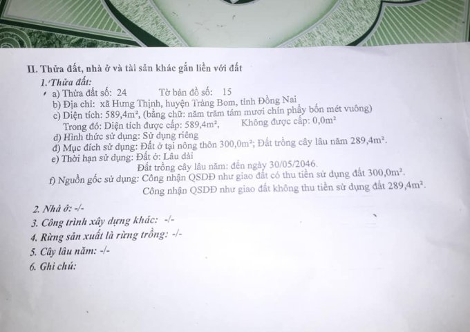CHÍNH CHỦ BÁN ĐẤT XÃ HƯNG THỊNH - HUYỆN TRẢNG BOM - ĐỒNG NAI
