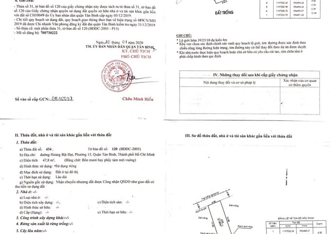 BÁN GẤP 2 LÔ ĐẤT VỊ TRÍ ĐĂC ĐỊA TẠI ĐƯỜNG HOÀNG BẬT ĐẠT, PHƯỜNG 15, QUẬN TÂN BÌNH, TPHCM . LH 0981826123