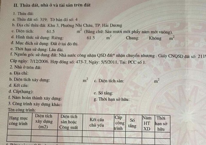 CHÍNH CHỦ CẦN BÁN LÔ ĐẤT NGÕ PHỐ PHAN CHU TRINH, KHU 3 PHƯỜNG NHỊ CHÂU. TP HẢI DƯƠNG