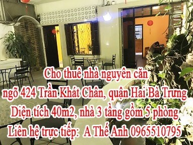 Cho thuê nhà nguyên căn ngõ 424 Trần Khát Chân, quận Hai Bà Trưng.