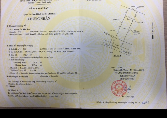 GẤP! CẦN BÁN NHANH LÔ ĐẤT DT 162.3M2 - QL1K - KP5, LINH XUÂN, TP. THỦ ĐỨC - GIÁ TỐT. LH: 0903322890