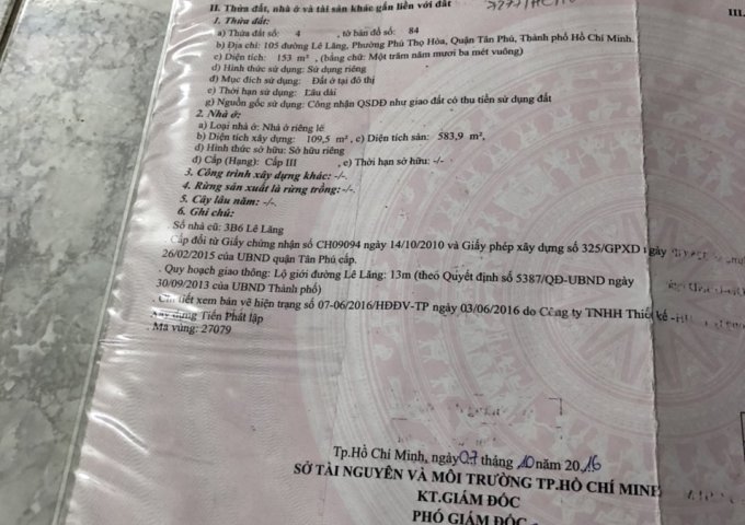 CHÍNH CHỦ CẦN BÁN CĂN NHÀ ĐẸP TẠI ĐƯỜNG LÊ LĂNG - P. PHÚ THỌ HÒA - QUẬN TÂN PHÚ - TP. HỒ CHÍ MINH .