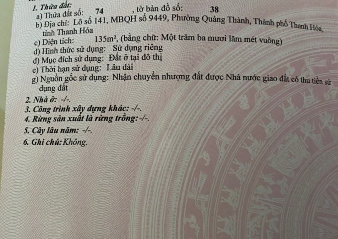 CHÍNH CHỦ CẦN TIỀN BÁN GẤP LÔ ĐẤT GIÁ ĐẦU TƯ MBQH SỐ 9449 , PHƯỜNG QUẢNG THÀNH, TP THANH HÓA