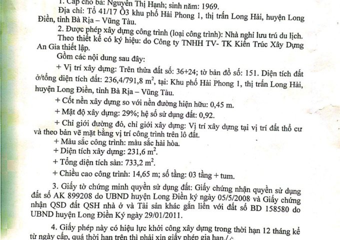 BÁN ĐẤT DU LỊCH BIỂN LONG HẢI, MẶT TIỀN ĐƯỜNG QH SỐ 6, CẠNH BIỂN LONG HẢI, HUYỆN LONG ĐIỀN, TỈNH BRVT.