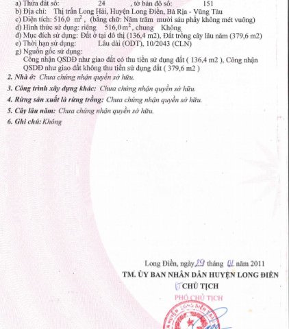 BÁN ĐẤT DU LỊCH BIỂN LONG HẢI, MẶT TIỀN ĐƯỜNG QH SỐ 6, CẠNH BIỂN LONG HẢI, HUYỆN LONG ĐIỀN, TỈNH BRVT.