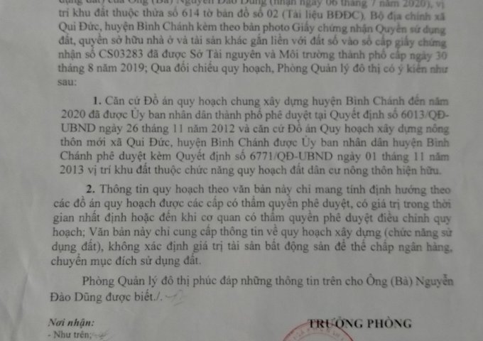 CHÍNH CHỦ BÁN ĐẤT TẠI XÃ QUY ĐỨC – H.BÌNH CHÁNH – TPHCM.
