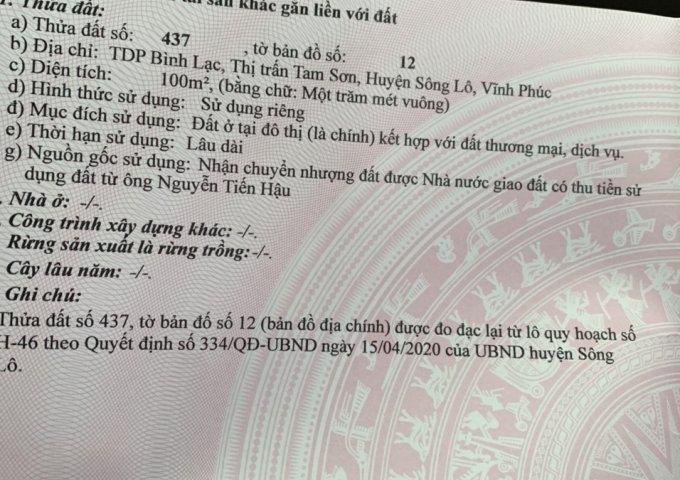 CHÍNH CHỦ BÁN ĐẤT TẠI TAM SƠN, SÔNG LÔ, VĨNH PHÚC.