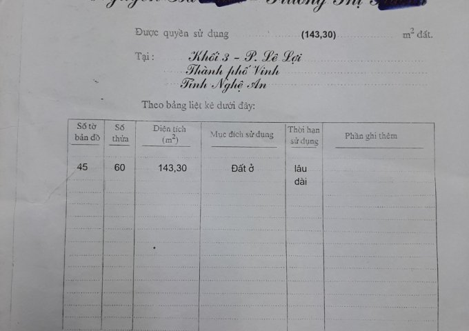 CẦN BÁN NHÀ VÀ ĐẤT TẠI TP.VINH: THỬA ĐẤT TẠI NGÕ 82 ĐƯỜNG LÝ THƯỜNG KIỆT KHỐI 3 PHƯỜNG LÊ LỢI,TP.VINH TỈNH NGHỆ AN (ĐỐI DIỆN UBND CÀ CÔNG AN PHƯƠNG LÊ LỢI).